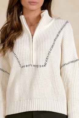 OFF WHITE 1/4 ZIP SWEATER W/BLACK STICH DETAIL