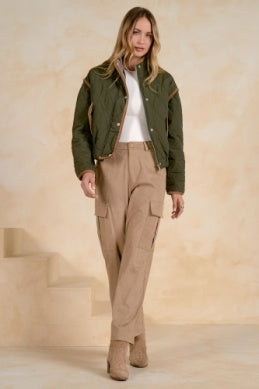 OLIVE JACKET W/CURDOROY TRIM