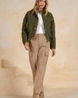 OLIVE JACKET W/CURDOROY TRIM