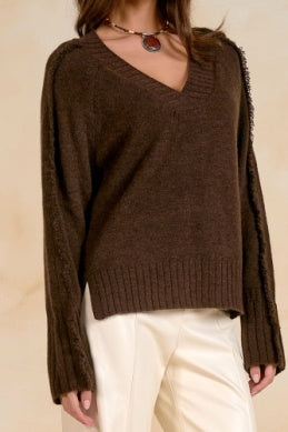 BROWN V-NECK SWEATER W/FRAY DETAIL
