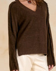 BROWN V-NECK SWEATER W/FRAY DETAIL