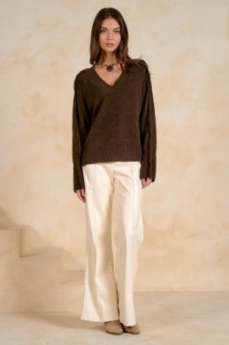 BROWN V-NECK SWEATER W/FRAY DETAIL