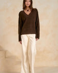 BROWN V-NECK SWEATER W/FRAY DETAIL