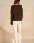 BROWN V-NECK SWEATER W/FRAY DETAIL