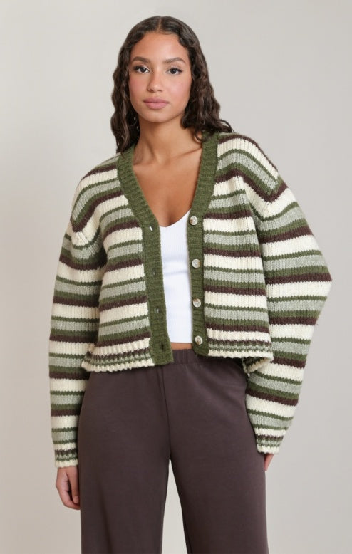 DEX GREEN/BROWN STRIPED CARDIGAN