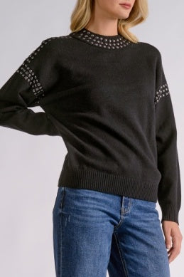 BLACK CREWNK RHINESTONE SWEATER