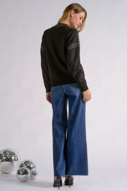 BLACK CREWNK RHINESTONE SWEATER