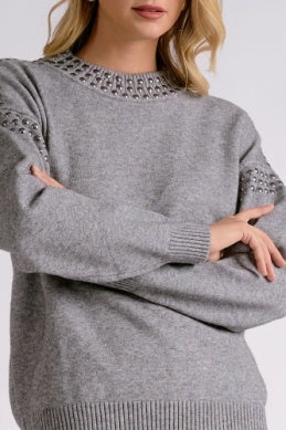 GREY CREWNK RHINESTONE SWEATER