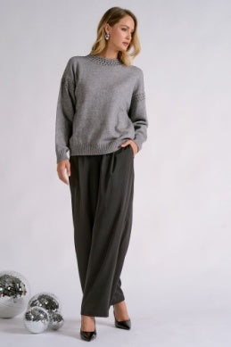 GREY CREWNK RHINESTONE SWEATER